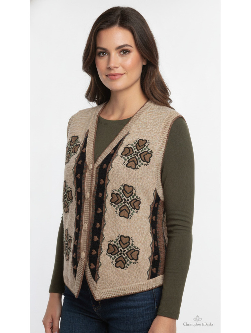 Vintage Christopher & Banks Hand Embroidered Beige Knit Vest with Heart Motif, L